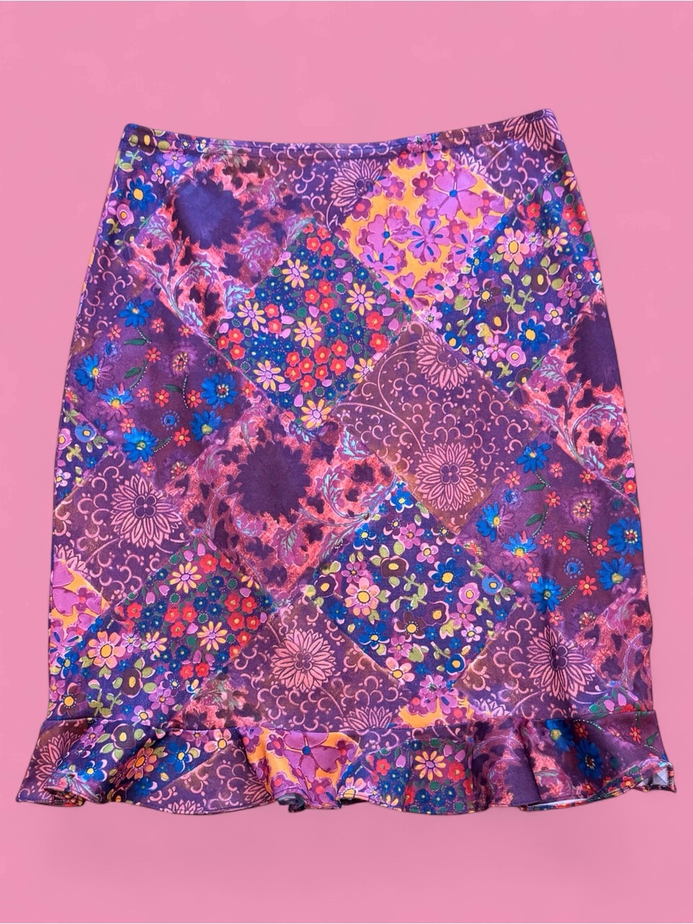 Vintage Y2K Women’s Purple Floral Patchwork Ruffle Hem Skirt Size Medium